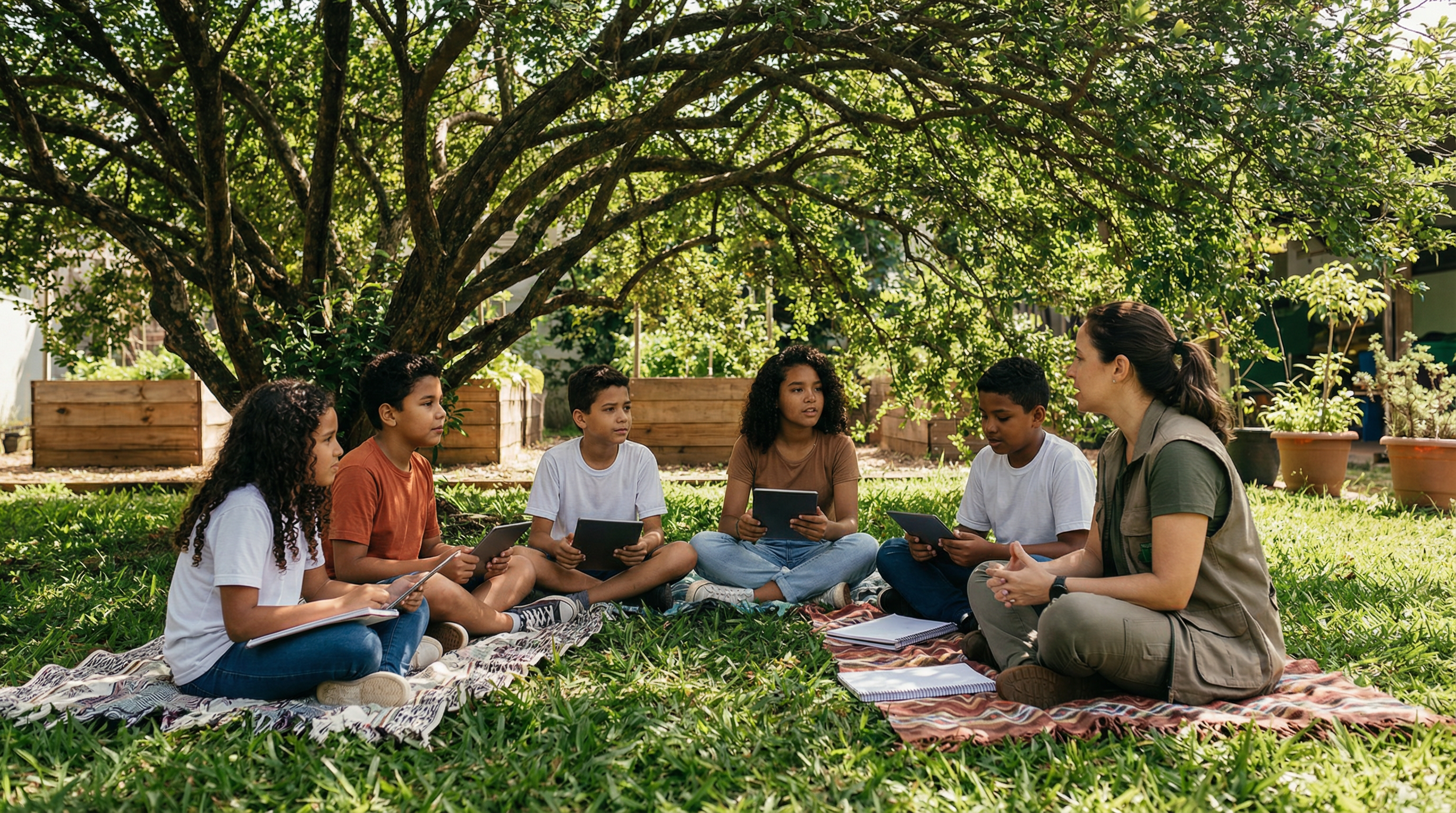 Professora conduzindo aula ao ar livre com alunos e tablets